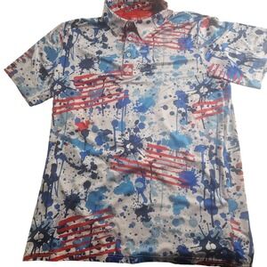 Pins & Aces Polo Shirt Mens Large Patriotic Flag Splatter Golf Performance Print